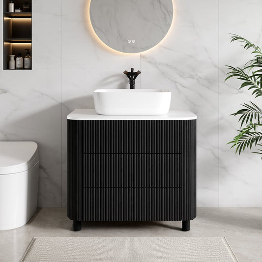 32" Fluted Freestanding Bathroom Vanity with Vessel Sink, 3-Drawers, Sintered Stone top