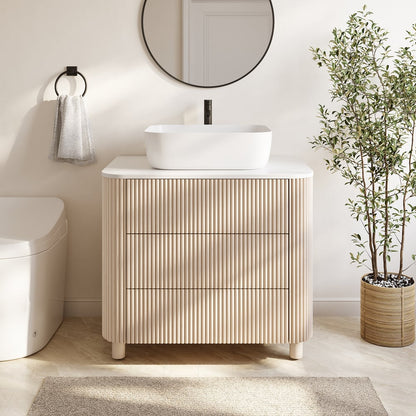 32" Fluted Freestanding Bathroom Vanity with Vessel Sink, 3-Drawers, Sintered Stone top