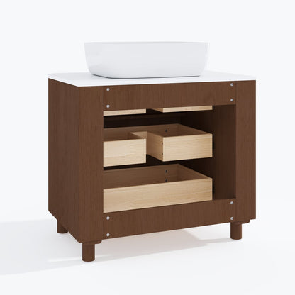 32" Fluted Freestanding Bathroom Vanity with Vessel Sink, 3-Drawers, Sintered Stone top