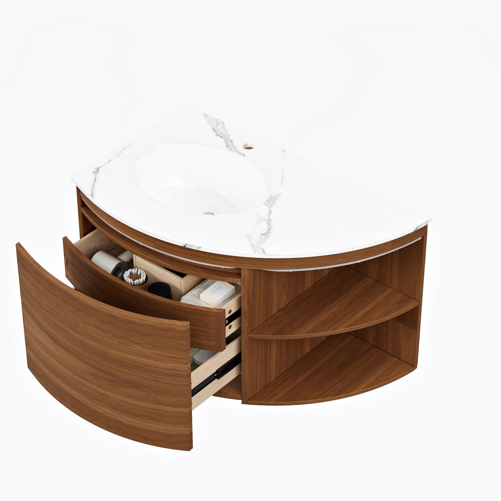 Modern 36" Corner Floating Single Bathroom Vanity with Sink, LED Light, Storage