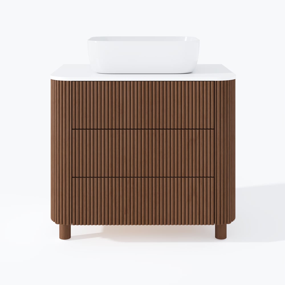 32" Fluted Freestanding Bathroom Vanity with Vessel Sink, 3-Drawers, Sintered Stone top
