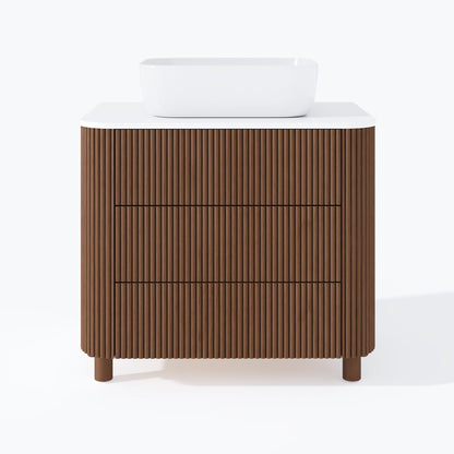 32" Fluted Freestanding Bathroom Vanity with Vessel Sink, 3-Drawers, Sintered Stone top