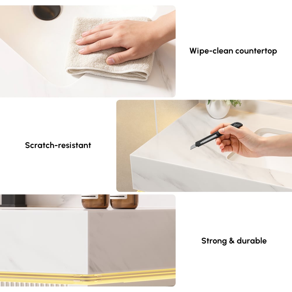 39.4" Wall-Mounted Bathroom Vanity with Sintered Stone Top, LED Sensor Light
