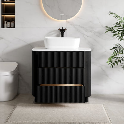 32" Fluted Freestanding Bathroom Vanity with Vessel Sink, 3-Drawers, Sintered Stone top