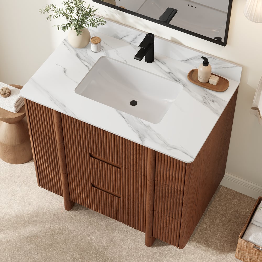 36" Fluted Single Bathroom Vanity with Sink and Sintered Stone Top