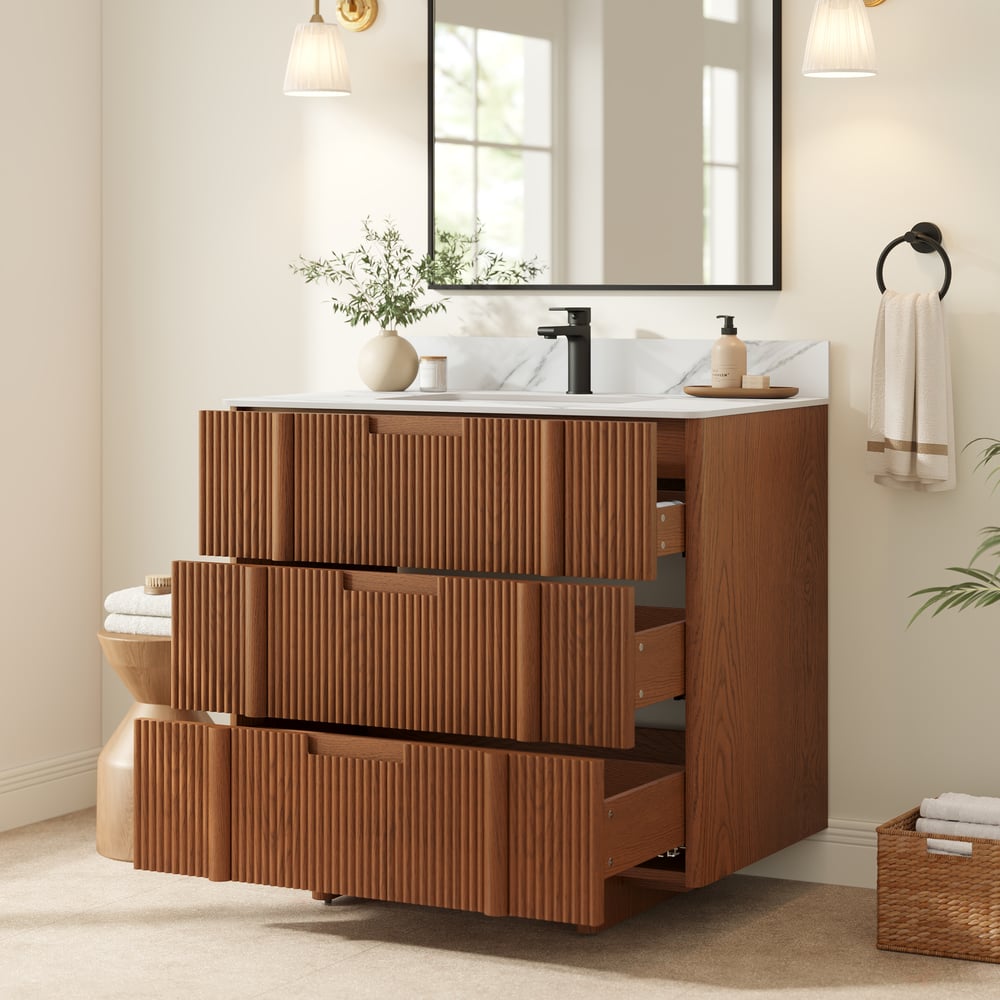 36" Fluted Single Bathroom Vanity with Sink and Sintered Stone Top