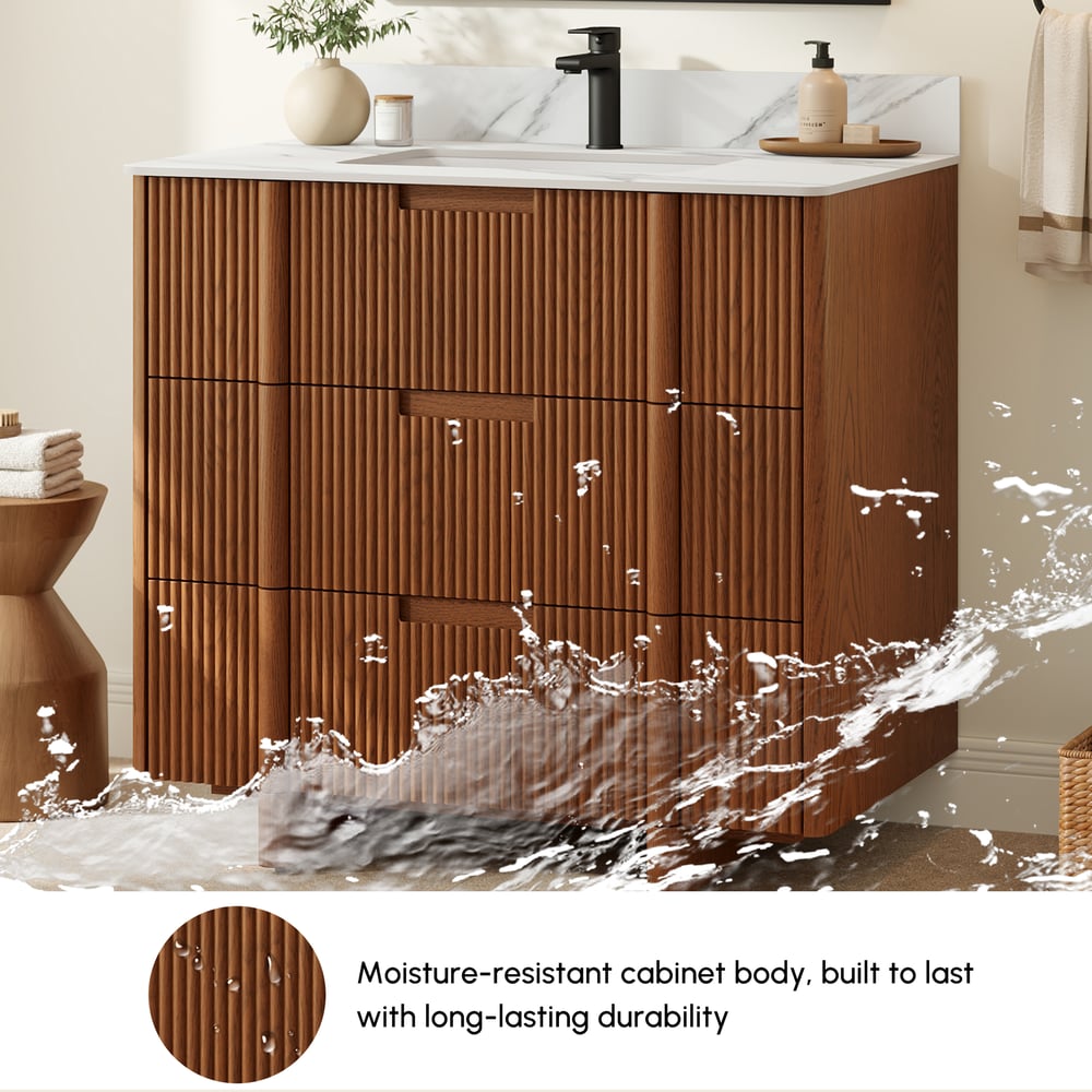 36" Fluted Single Bathroom Vanity with Sink and Sintered Stone Top