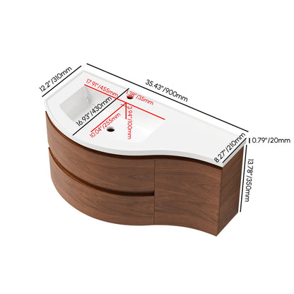 Floating Curved Bathroom Vanity in Walnut Left Offset & Round LED Medicine Cabinet Set