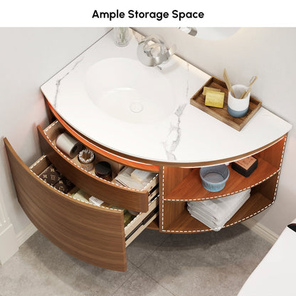 Modern 36" Corner Floating Single Bathroom Vanity with Sink, LED Light, Storage