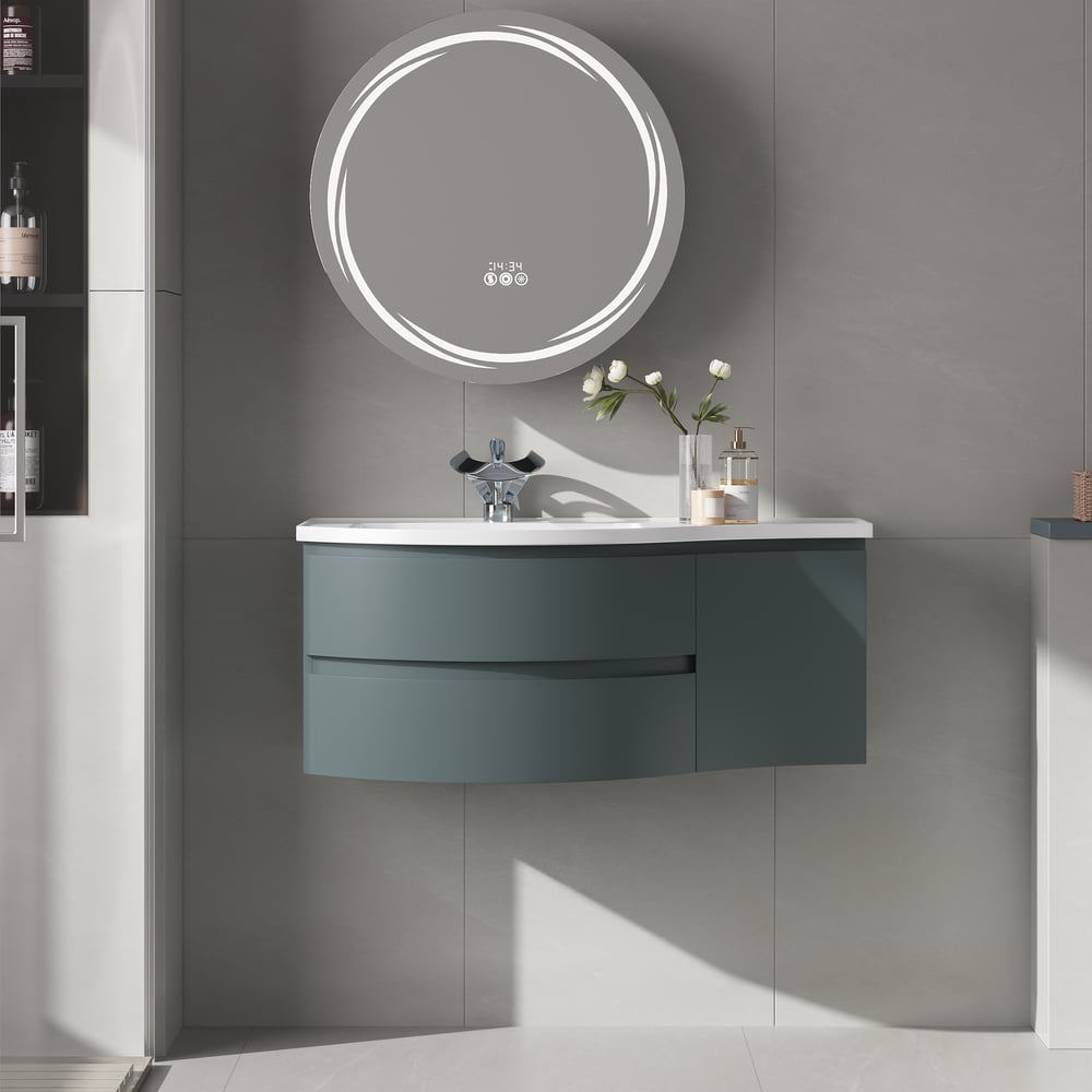 Floating Curved Bathroom Vanity & Round LED Medicine Cabinet Set Left Offset