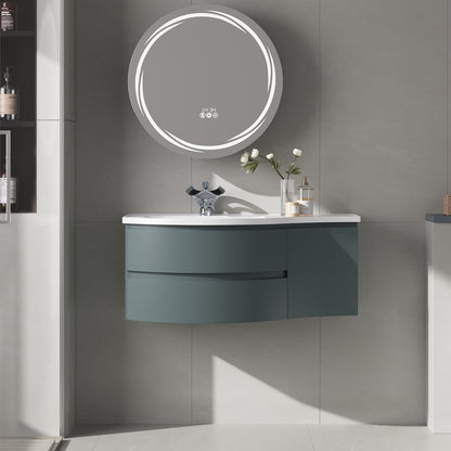 Floating Curved Bathroom Vanity & Round LED Medicine Cabinet Set Left Offset