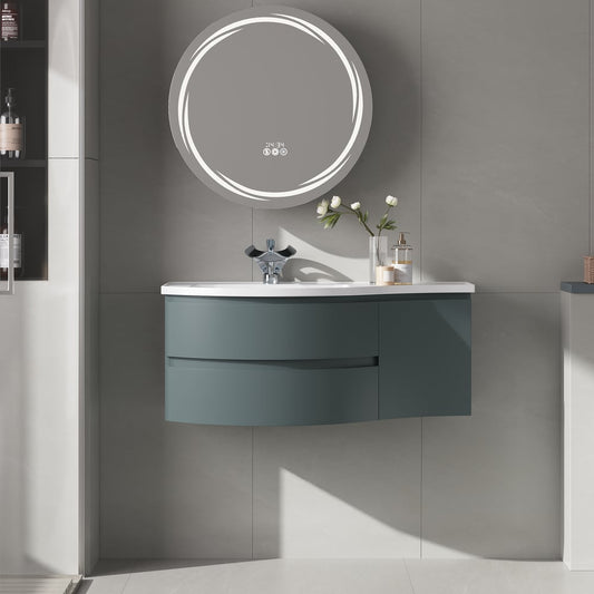 Floating Curved Bathroom Vanity & Round LED Medicine Cabinet Set Left Offset