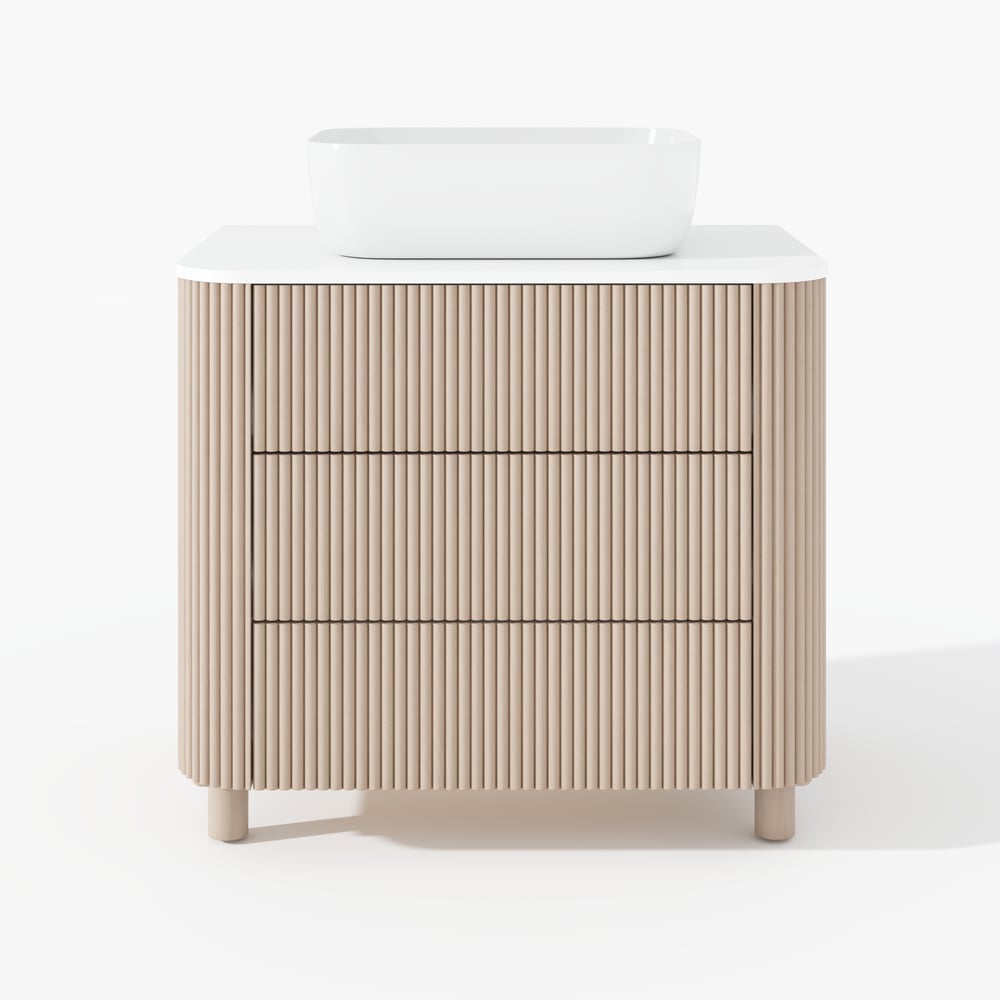 32" Fluted Freestanding Bathroom Vanity with Vessel Sink, 3-Drawers, Sintered Stone top