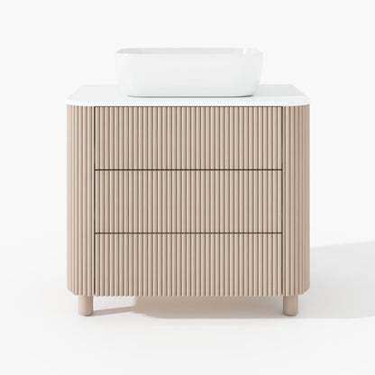 32" Fluted Freestanding Bathroom Vanity with Vessel Sink, 3-Drawers, Sintered Stone top