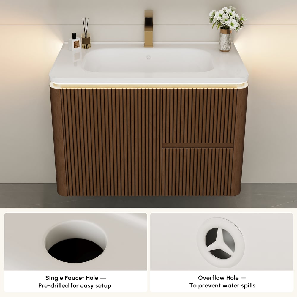 Modern  32" Floating Fluted Bathroom Vanity with Sink, Soft LED, Ample Storage