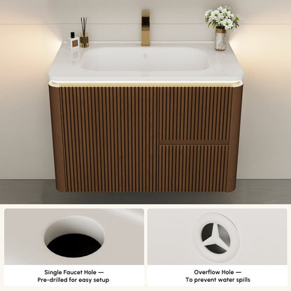 Modern  32" Floating Fluted Bathroom Vanity with Sink, Soft LED, Ample Storage