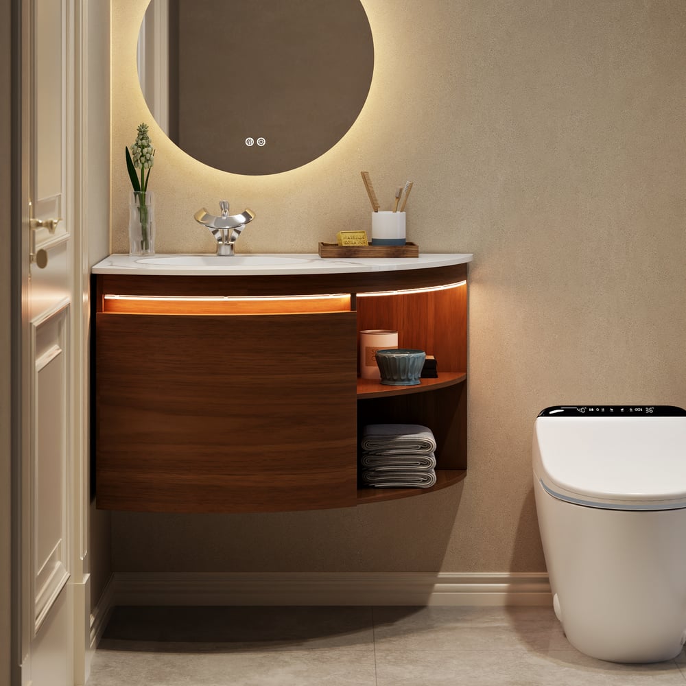 Modern 36" Corner Floating Single Bathroom Vanity with Sink, LED Light, Storage