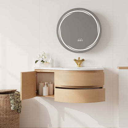 Floating Curved Bathroom Vanity & Round LED Medicine Cabinet Set Right Offset