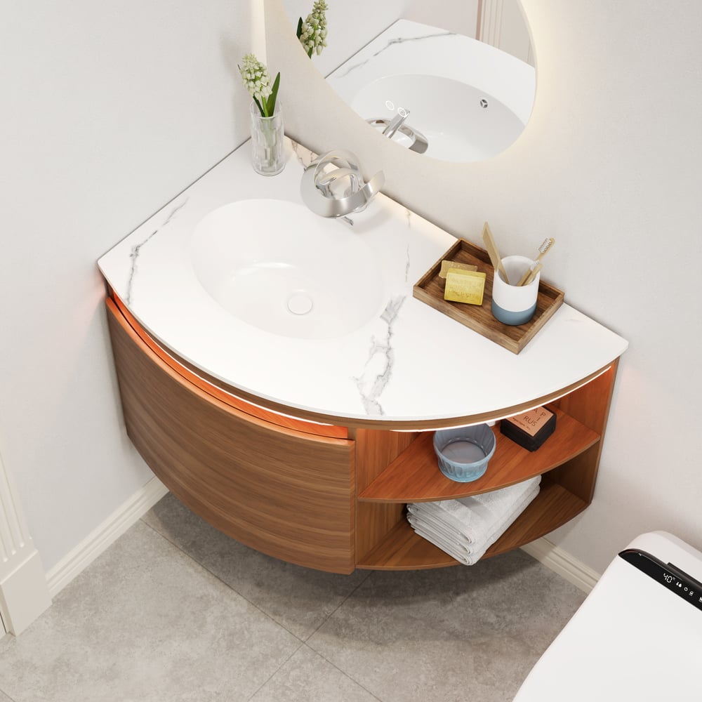 Modern 36" Corner Floating Single Bathroom Vanity with Sink, LED Light, Storage