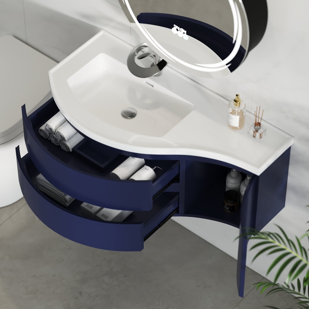 35" Navy  Floating Single Curved Bathroom Vanity with Sink & Storage