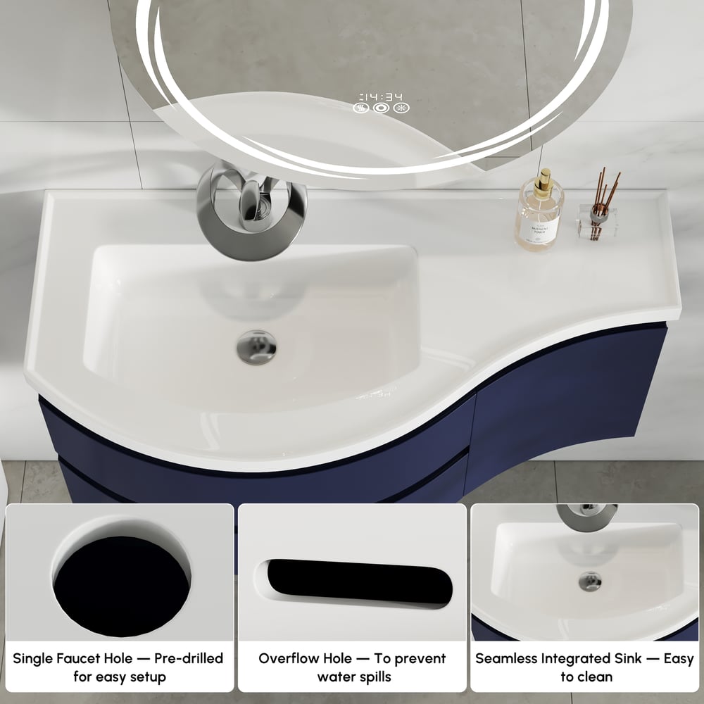 Floating Curved Bathroom Vanity & Round LED Medicine Cabinet Set Left Offset