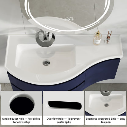 Floating Curved Bathroom Vanity & Round LED Medicine Cabinet Set Left Offset