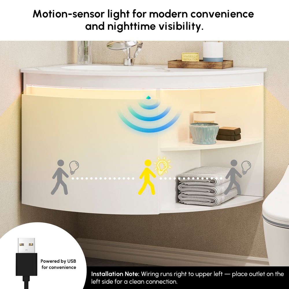 Modern 36" Corner Floating Single Bathroom Vanity with Sink, LED Light, Storage