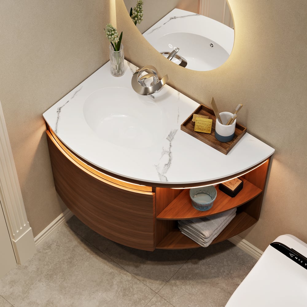 Modern 36" Corner Floating Single Bathroom Vanity with Sink, LED Light, Storage