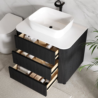 32" Fluted Freestanding Bathroom Vanity with Vessel Sink, 3-Drawers, Sintered Stone top