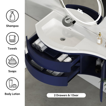 35" Navy  Floating Single Curved Bathroom Vanity with Sink & Storage