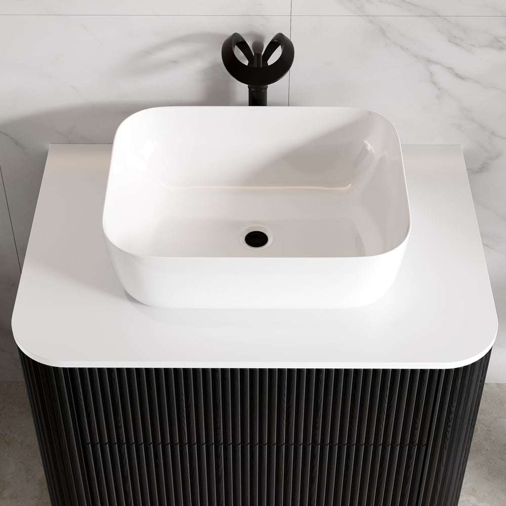 32" Fluted Freestanding Bathroom Vanity with Vessel Sink, 3-Drawers, Sintered Stone top