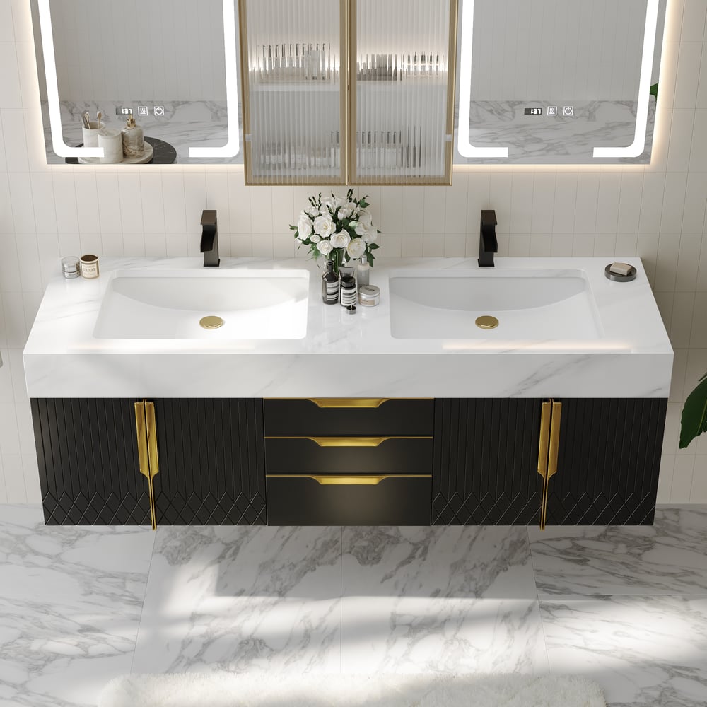 59" Double Sink Floating Vanity Set with LED Medicine Cabinet with Storage