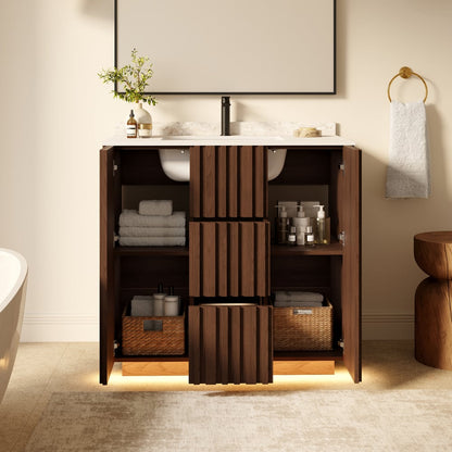 Aura 36"  Fluted Freestanding Bathroom Vanity with Sink and Light