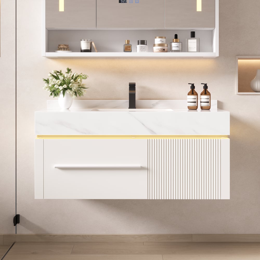 39.4" Wall-Mounted Bathroom Vanity with Sintered Stone Top, LED Sensor Light