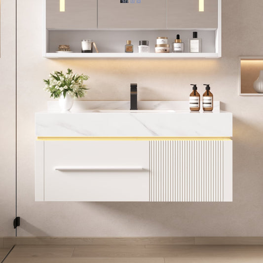 39.4" Wall-Mounted Bathroom Vanity with Sintered Stone Top, LED Sensor Light