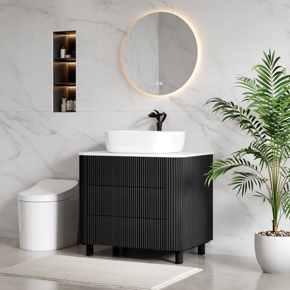 32" Fluted Freestanding Bathroom Vanity with Vessel Sink, 3-Drawers, Sintered Stone top