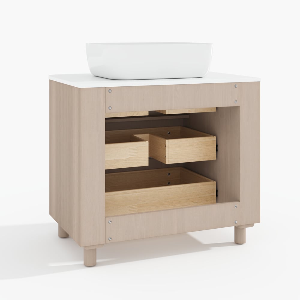 32" Fluted Freestanding Bathroom Vanity with Vessel Sink, 3-Drawers, Sintered Stone top