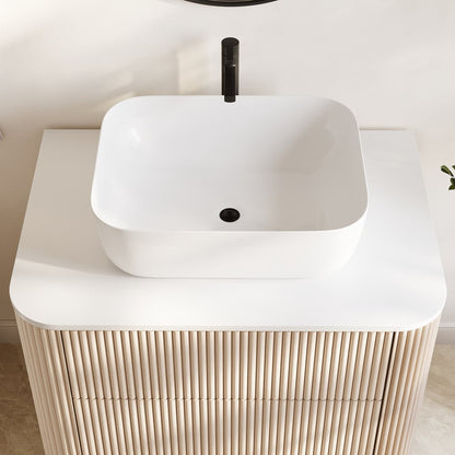 32" Fluted Freestanding Bathroom Vanity with Vessel Sink, 3-Drawers, Sintered Stone top
