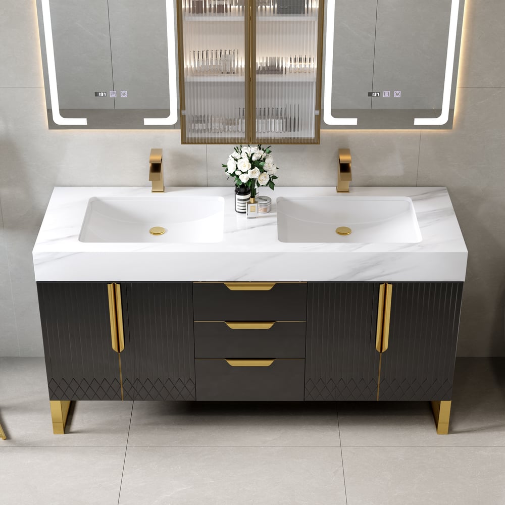 59" Double Sink Freestanding Vanity Set with LED Medicine Cabinet , Storage
