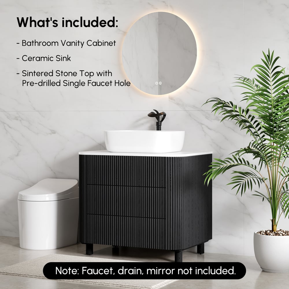 32" Fluted Freestanding Bathroom Vanity with Vessel Sink, 3-Drawers, Sintered Stone top