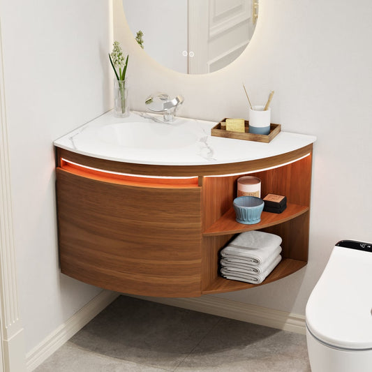 Modern 36" Corner Floating Single Bathroom Vanity with Sink, LED Light, Storage