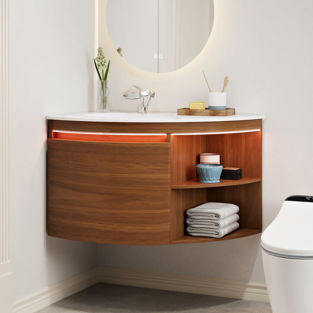 Modern 36" Corner Floating Single Bathroom Vanity with Sink, LED Light, Storage