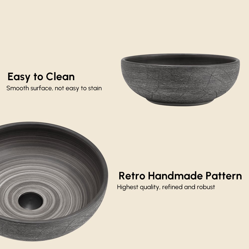 16" Grey Round Ceramic Bathroom Sink – Matte Glazed Vessel Sink