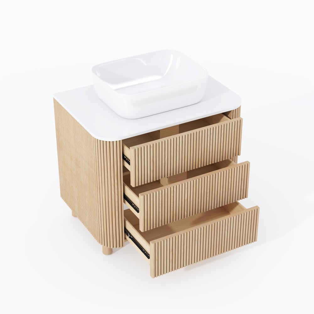 32" Fluted Freestanding Bathroom Vanity with Vessel Sink, 3-Drawers, Sintered Stone top