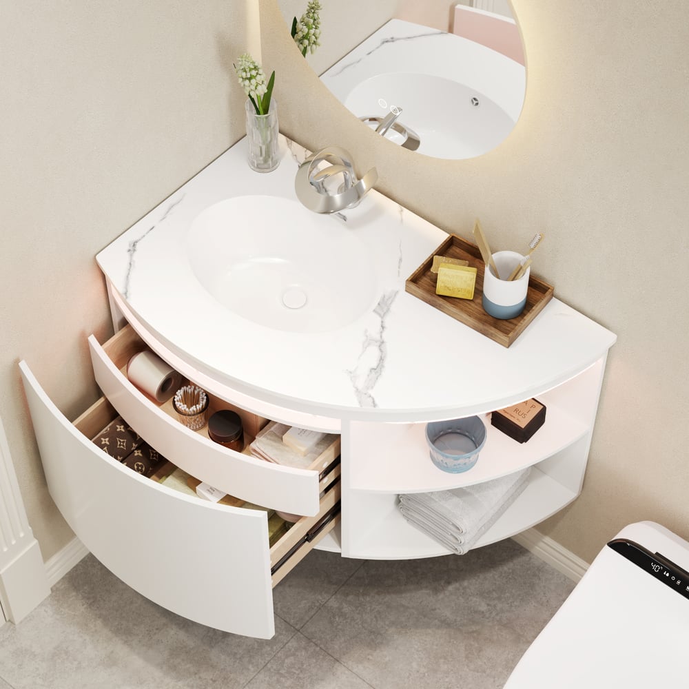 Modern 36" Corner Floating Single Bathroom Vanity with Sink, LED Light, Storage