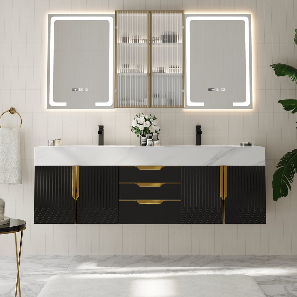 59" Double Sink Floating Vanity Set with LED Medicine Cabinet with Storage