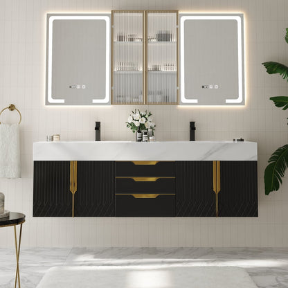 59" Double Sink Floating Vanity Set with LED Medicine Cabinet with Storage