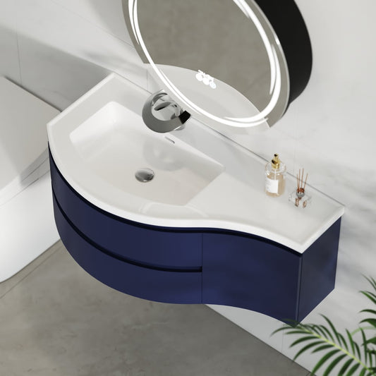 35" Navy  Floating Single Curved Bathroom Vanity with Sink & Storage