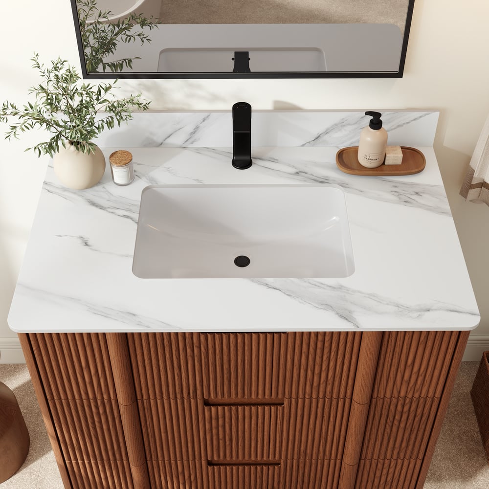 36" Fluted Single Bathroom Vanity with Sink and Sintered Stone Top