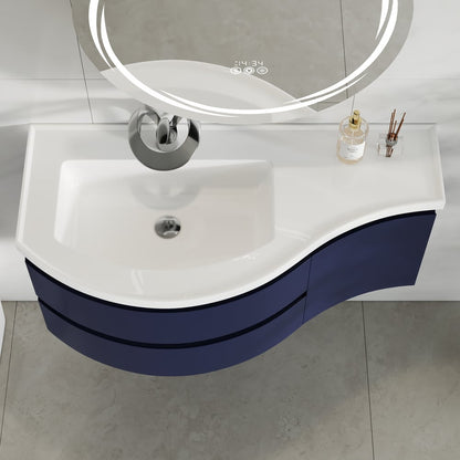 35" Navy  Floating Single Curved Bathroom Vanity with Sink & Storage